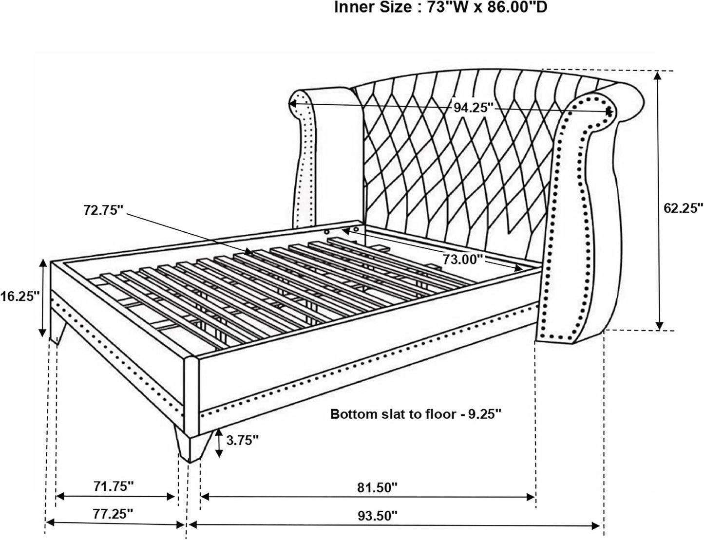 Glamorous Upholstered Wingback Bed – Tufted Headboard with Crystal Accents