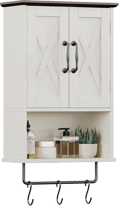 Farmhouse Bathroom Wall Cabinet with Adjustable Shelf & Towel Bar