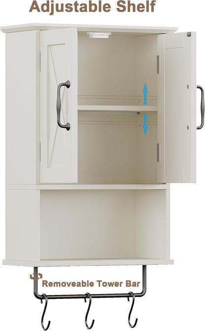 Farmhouse Bathroom Wall Cabinet with Adjustable Shelf & Towel Bar
