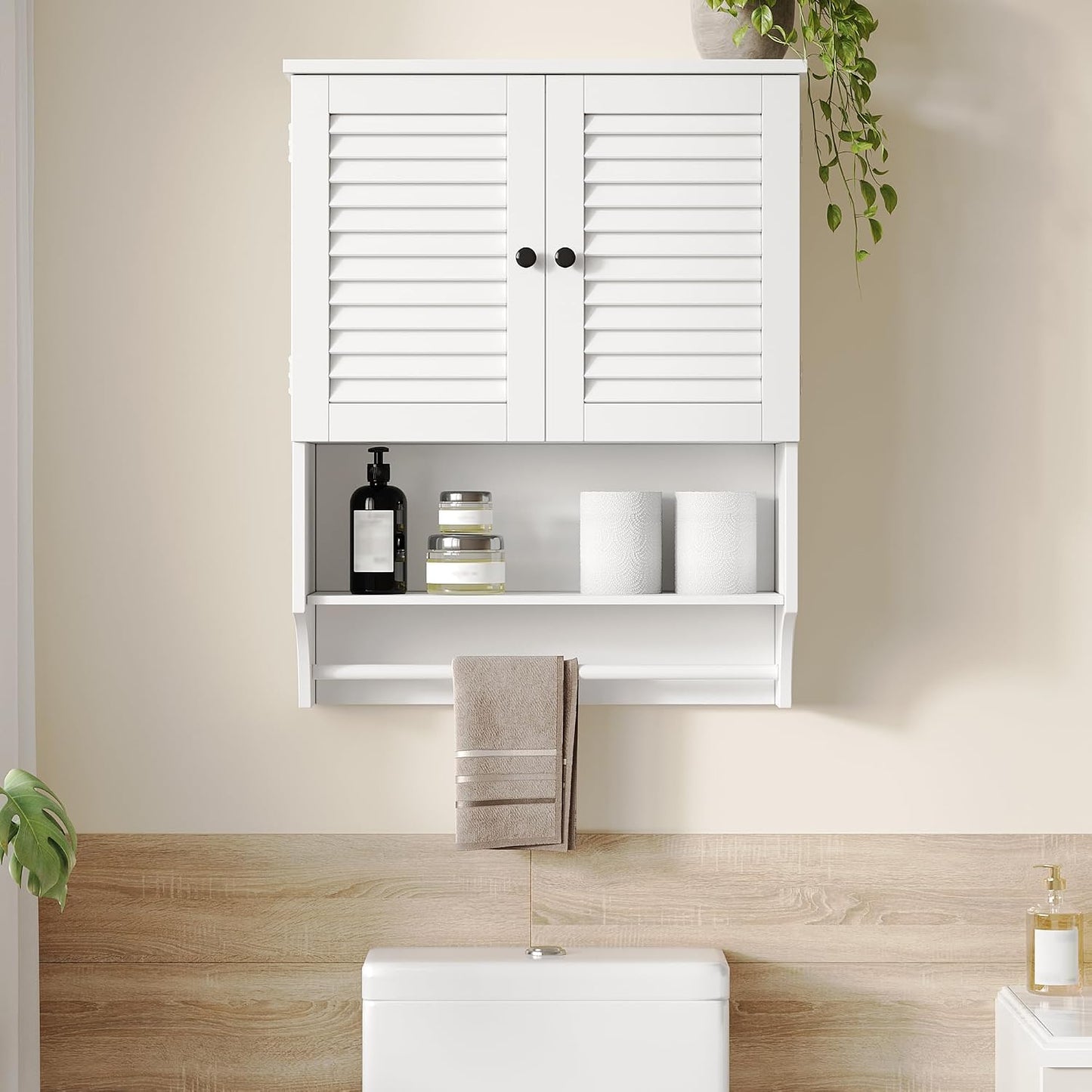 Modern Bathroom Wall Cabinet with Towel Bar & Adjustable Shelf