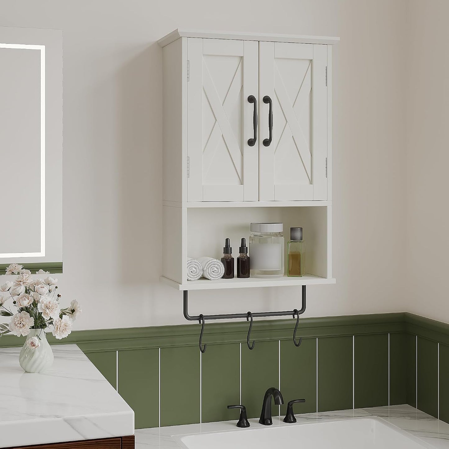 Farmhouse Bathroom Wall Cabinet with Adjustable Shelf & Towel Bar