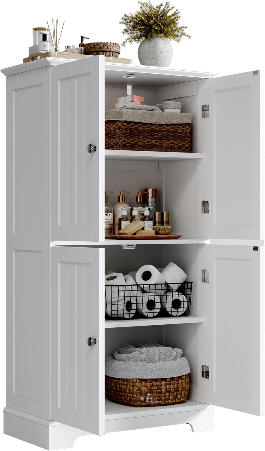 Modern Bathroom Storage Cabinet – 4-Door Freestanding Cupboard with Adjustable Shelves