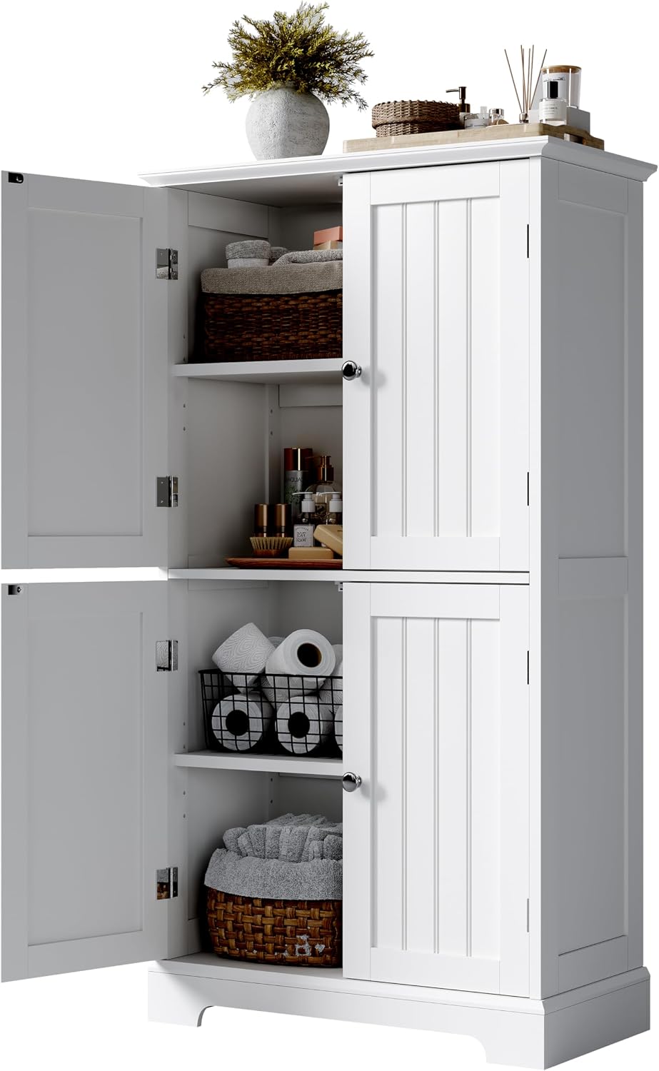 Modern Bathroom Storage Cabinet – 4-Door Freestanding Cupboard with Adjustable Shelves