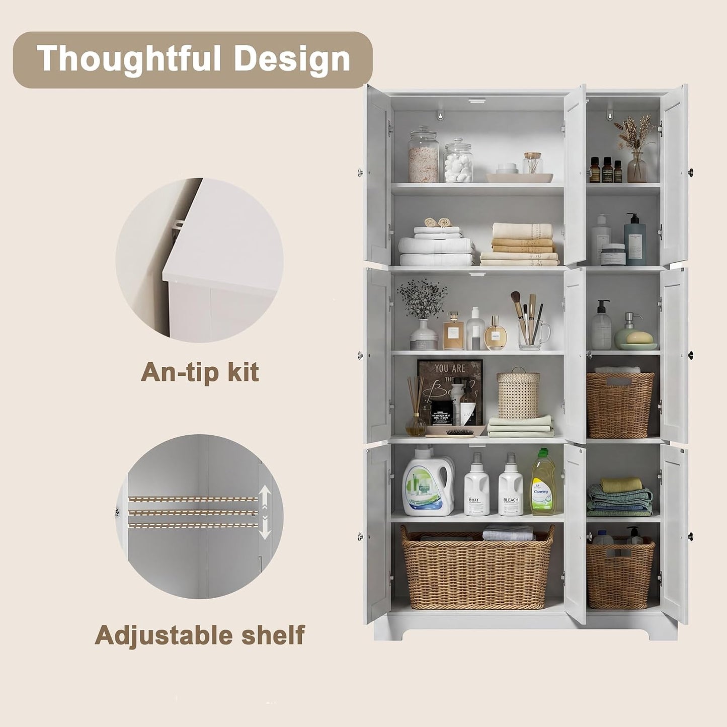 Modern Bathroom Storage Cabinet with Doors & Adjustable Shelves