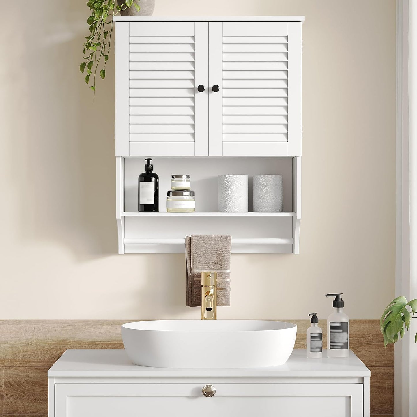Modern Bathroom Wall Cabinet with Towel Bar & Adjustable Shelf