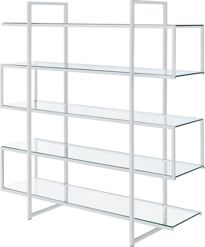 Modern Chrome & Glass 5-Tier Bookcase – Open Display Shelf for Home & Office