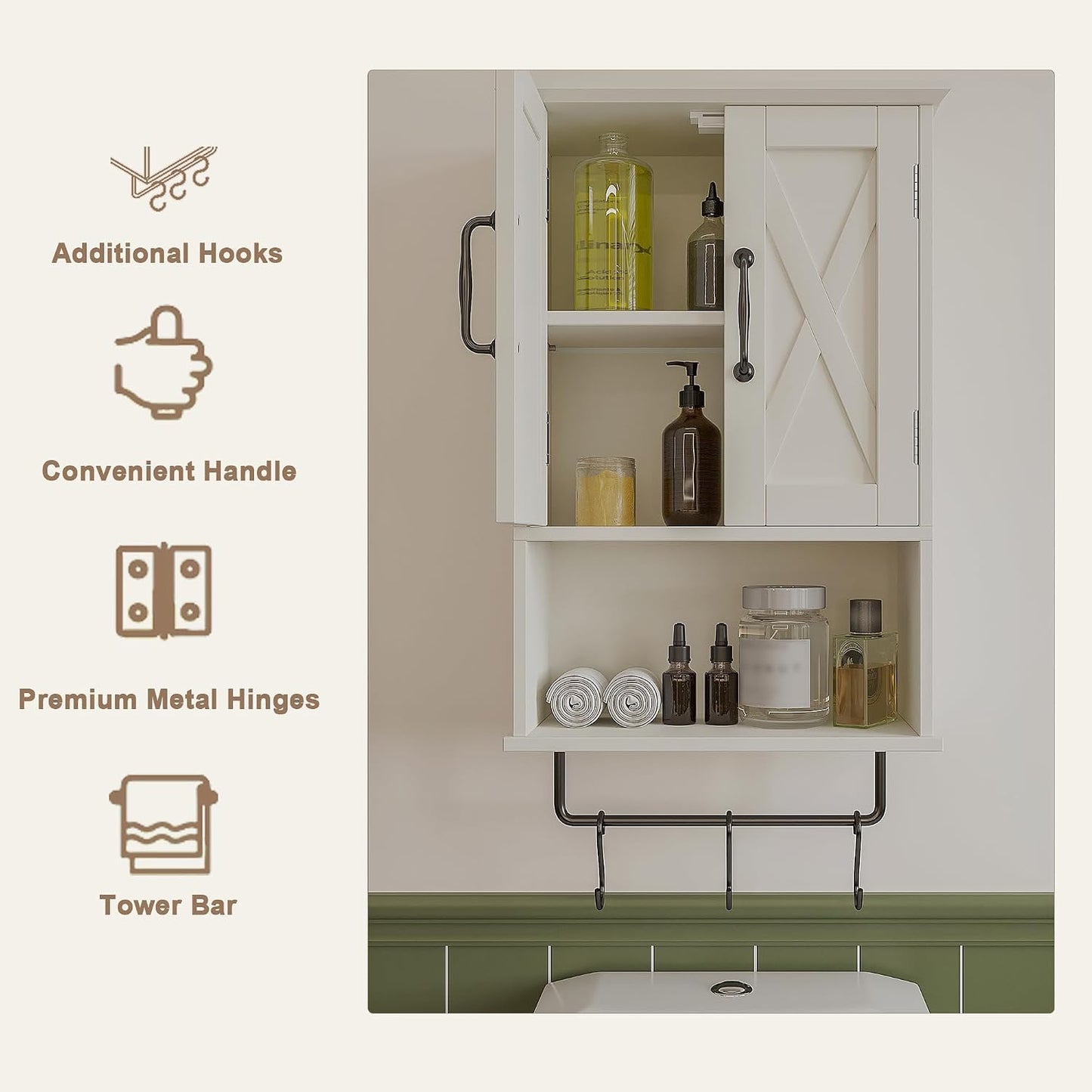 Farmhouse Bathroom Wall Cabinet with Adjustable Shelf & Towel Bar
