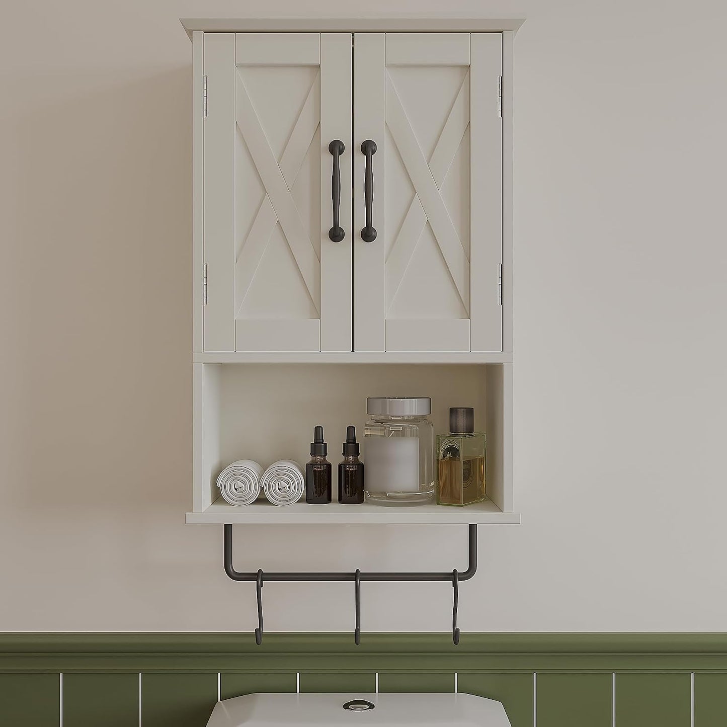 Farmhouse Bathroom Wall Cabinet with Adjustable Shelf & Towel Bar