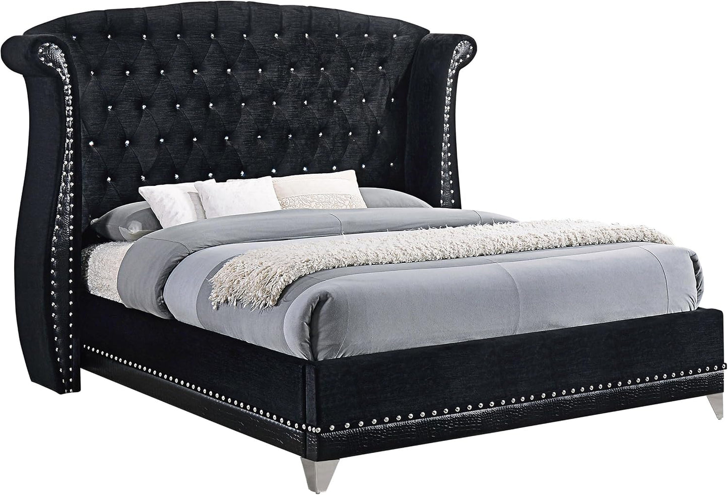 Glamorous Upholstered Wingback Bed – Tufted Headboard with Crystal Accents