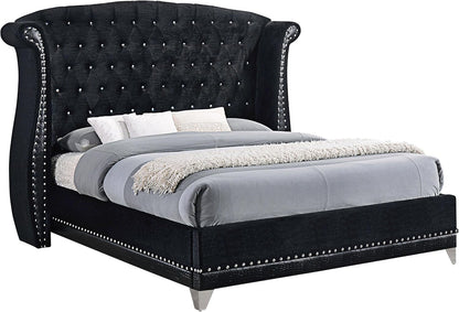 Glamorous Upholstered Wingback Bed – Tufted Headboard with Crystal Accents