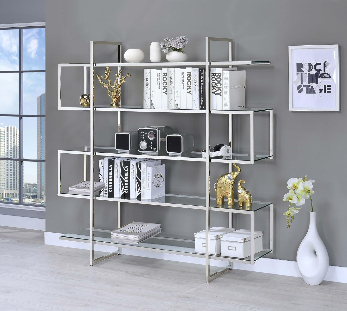 Modern Chrome & Glass 5-Tier Bookcase – Open Display Shelf for Home & Office