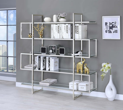 Modern Chrome & Glass 5-Tier Bookcase – Open Display Shelf for Home & Office
