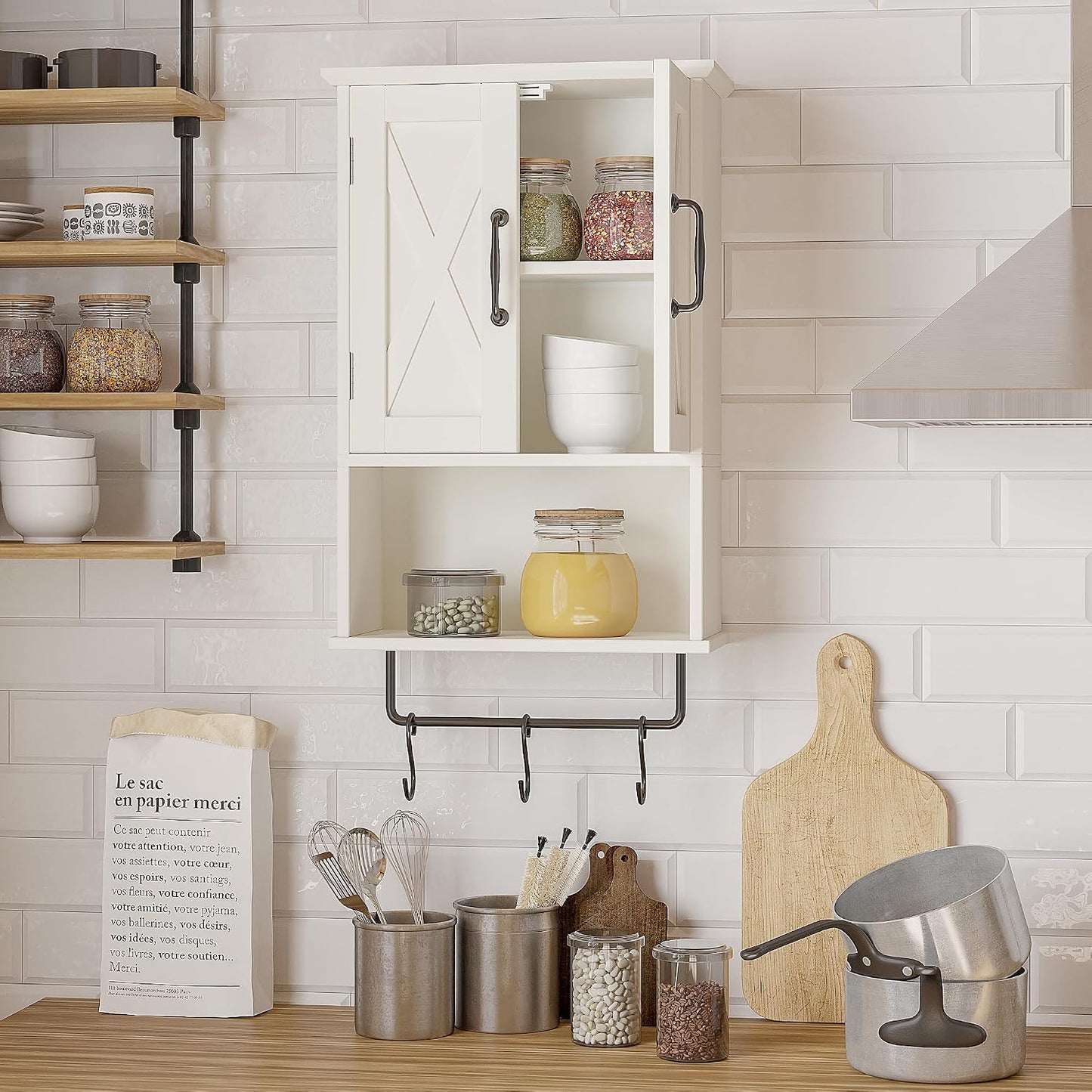 Farmhouse Bathroom Wall Cabinet with Adjustable Shelf & Towel Bar