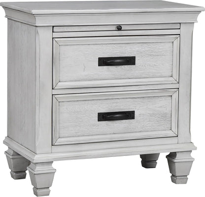 Farmhouse 2-Drawer Nightstand with Pull-Out Tray & Charging Access