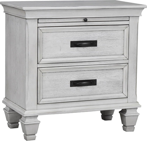 Farmhouse 2-Drawer Nightstand with Pull-Out Tray & Charging Access