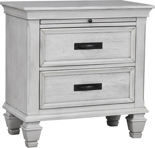Farmhouse 2-Drawer Nightstand with Pull-Out Tray & Charging Access