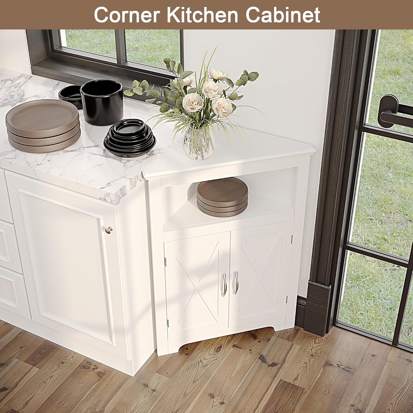 Farmhouse Corner Storage Cabinet with Barn Door & Adjustable Shelf