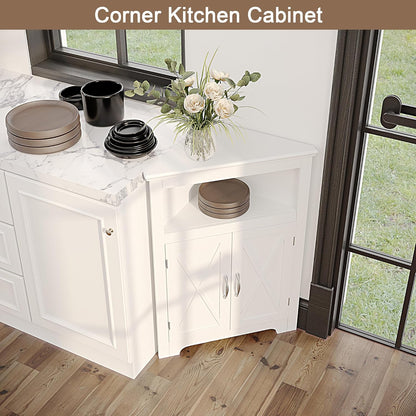 Farmhouse Corner Storage Cabinet with Barn Door & Adjustable Shelf