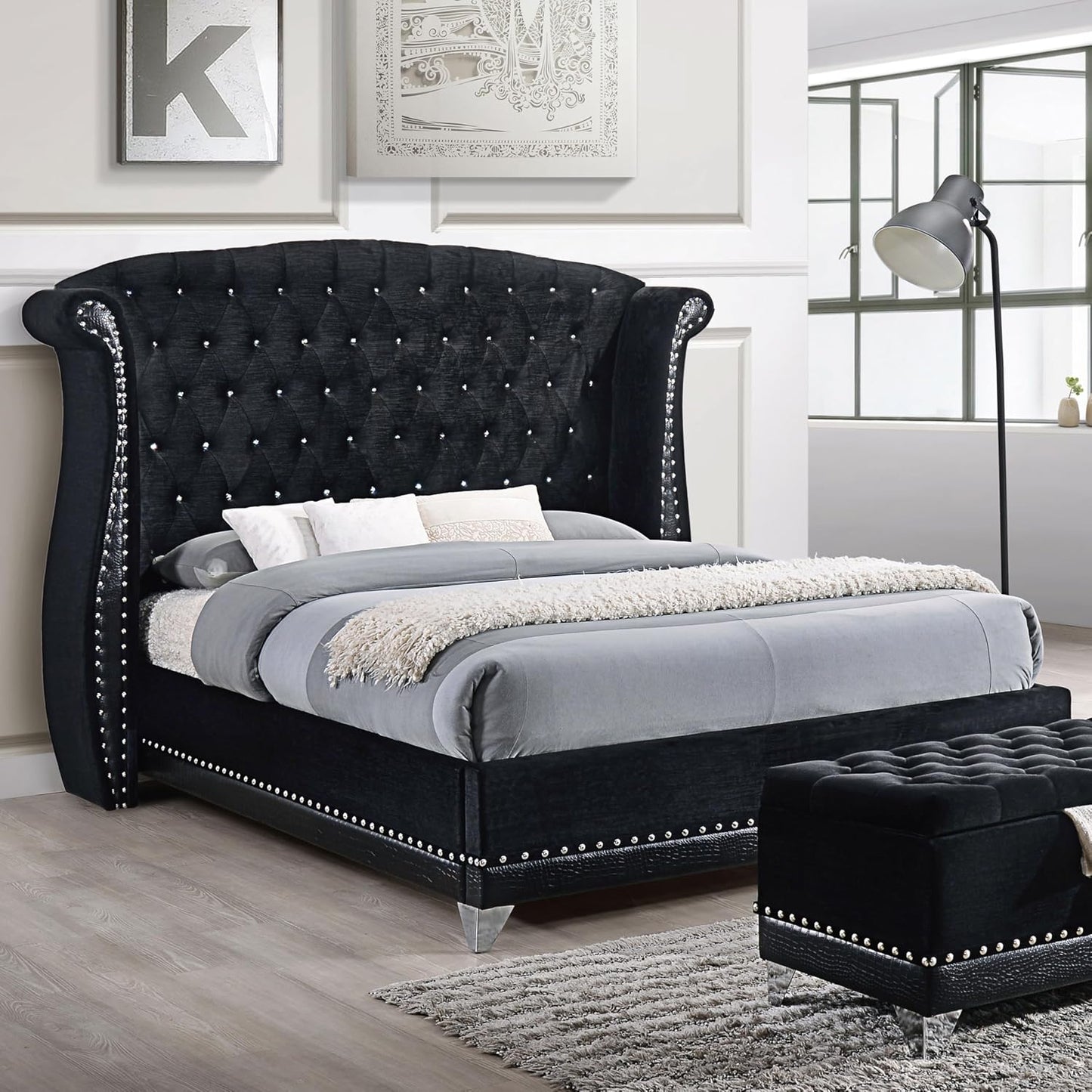 Glamorous Upholstered Wingback Bed – Tufted Headboard with Crystal Accents