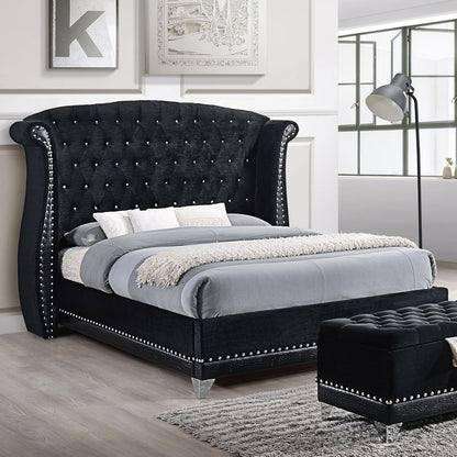 Glamorous Upholstered Wingback Bed – Tufted Headboard with Crystal Accents